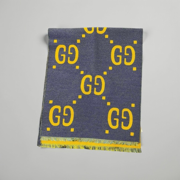 Authentic Gucci jacquard GG Logo Wool Silk Scarf Blue & Yellow - Picture 2 of 13